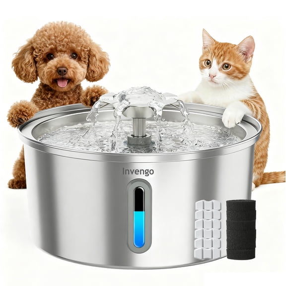 Invengo Cat Water Fountain, Stainless Steel 3.2L/108oz Automatic Pet Fountain for Cats, Ultra-Quiet, LED Water Level Window, 2 Flow Modes, Splash-Proof, 6Filters & 6Sponges Included