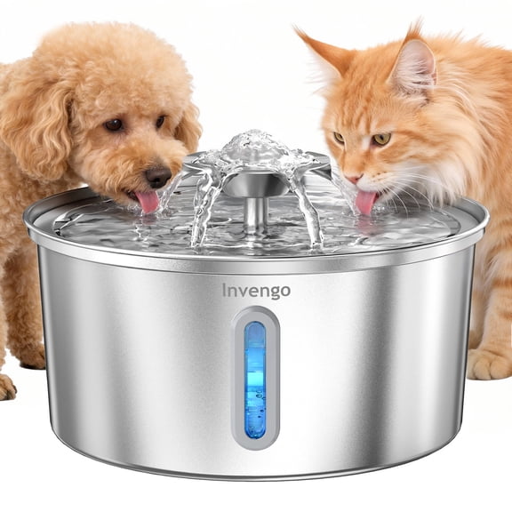 Invengo Cat Water Fountain, Stainless Steel 3.2L/108oz Automatic Pet Fountain for Cats, Ultra-Quiet, LED Water Level Window, 2 Flow Modes, Splash-Proof, 1 Filter&1 Sponge Included