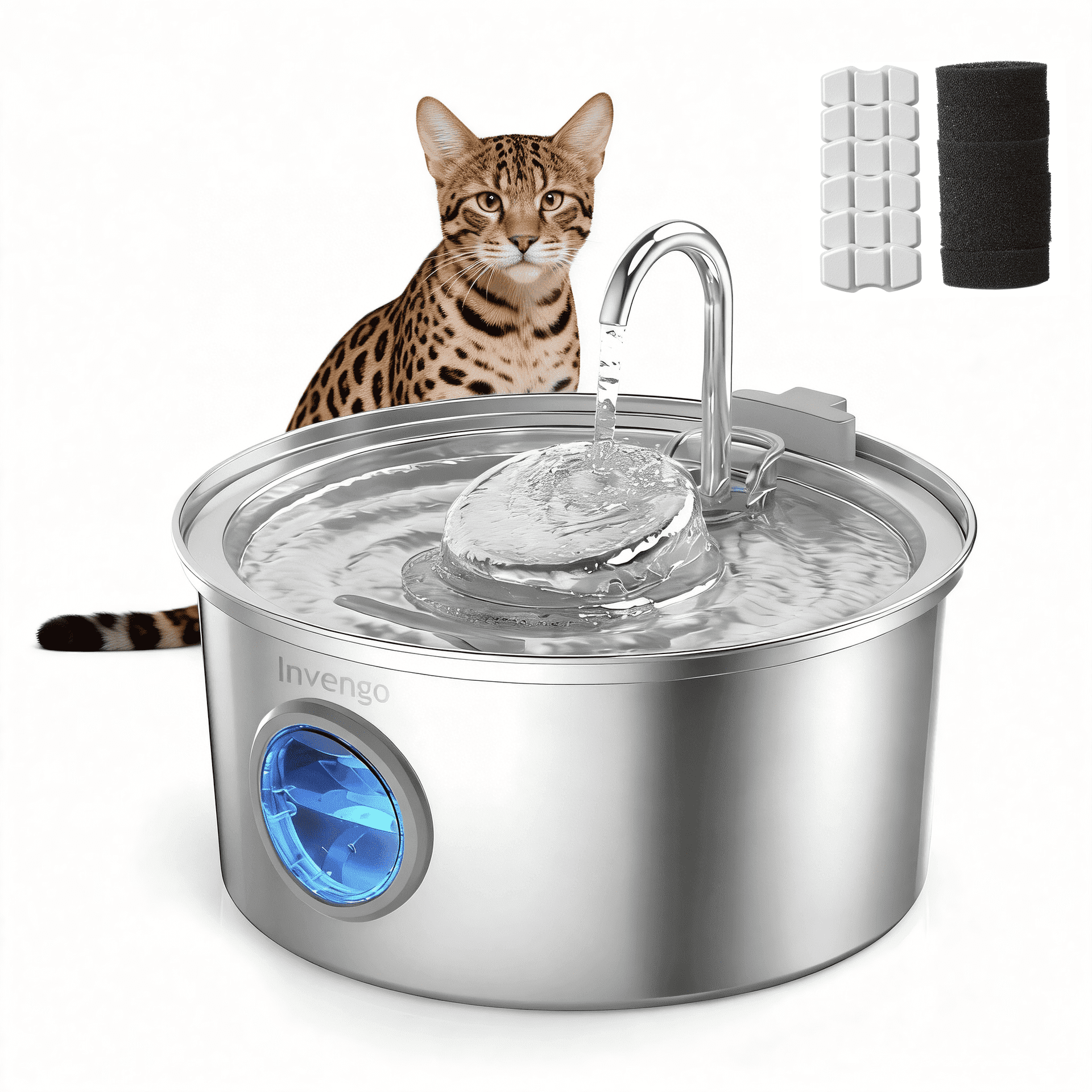 Invengo Stainless Steel Pet Water Fountain, 3.2L/108oz Pet Drinking Dispenser with 6 Filters & 6 Sponges, Food-Grade Metal, Ultra-Quiet Pump, 2 Drinking Modes, Neck-Friendly for Cats & Dogs