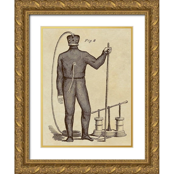Inventions 12x14 Gold Ornate Wood Framed with Double Matting Museum Art Print Titled - Diving Gear with Suit and Air Pump