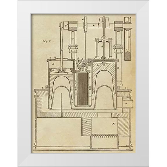 Inventions 12x14 White Modern Wood Framed Museum Art Print Titled - Steam Power Piston Chamber Cutaway