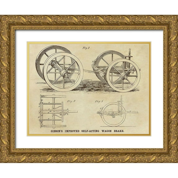 Inventions 14x12 Gold Ornate Wood Framed with Double Matting Museum Art Print Titled - Gibsons Improved Self-Acting Wagon Brake