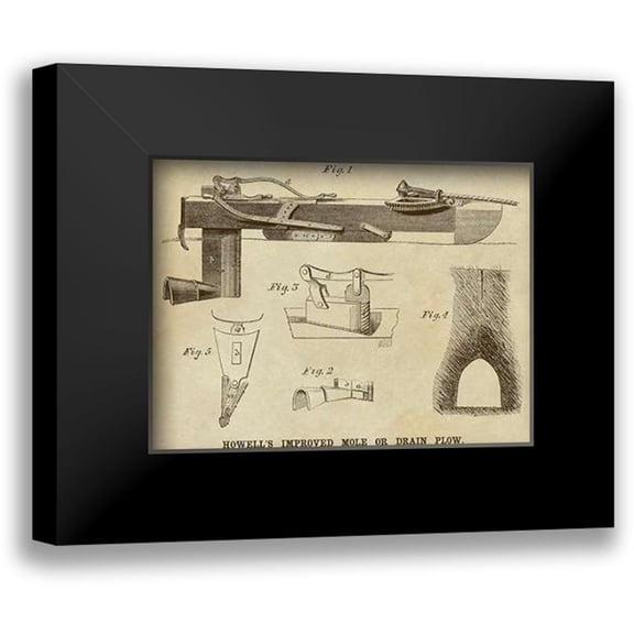 Inventions 24x19 Black Modern Framed Museum Art Print Titled - Howells Improved Mole or Drain Plow