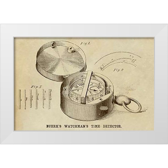 Inventions 32x23 White Modern Wood Framed Museum Art Print Titled - Buerks Watchmans Time Detector