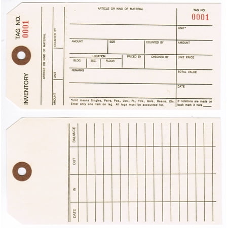 Inventory Tags, 1-Part, Manila, 6-1/4" x 3-1/8", Random Sequential Numbers, Perforated Stub, Fiber Reinforced Hole - Box / 1,000 Tags