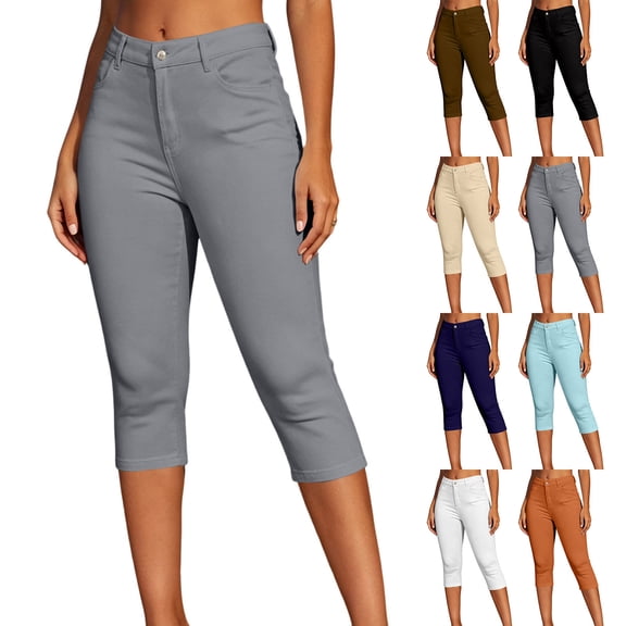 Inverelee Ladies Button Fly High Rise Slim Fit Stretchy Capri Pants Solid Basic Casual Cropped Denim Style Trousers Brown XL