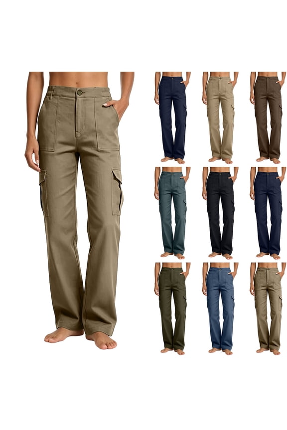 Ladies Button Fly Multi Flap Pocket Straight Leg Cargo Pants Solid Loose Fit Outdoor Casual Full Length Work Trouser Navy L