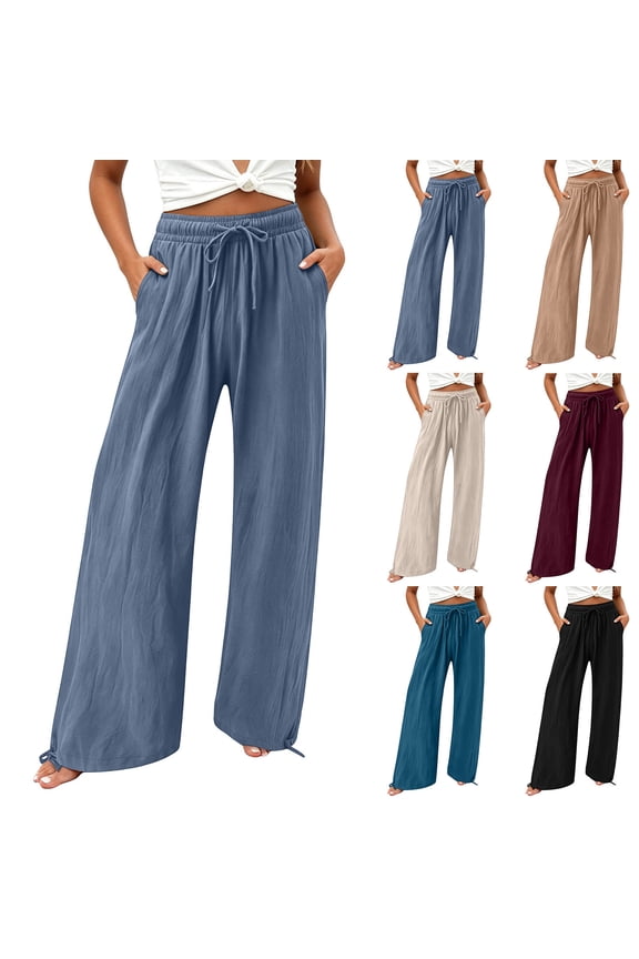 Ladies Elastic Drawstring High Waist Crinkle Linen Wide Leg Pants Adjustable Hem Loose Summer Casual Full Length Trousers Blue M