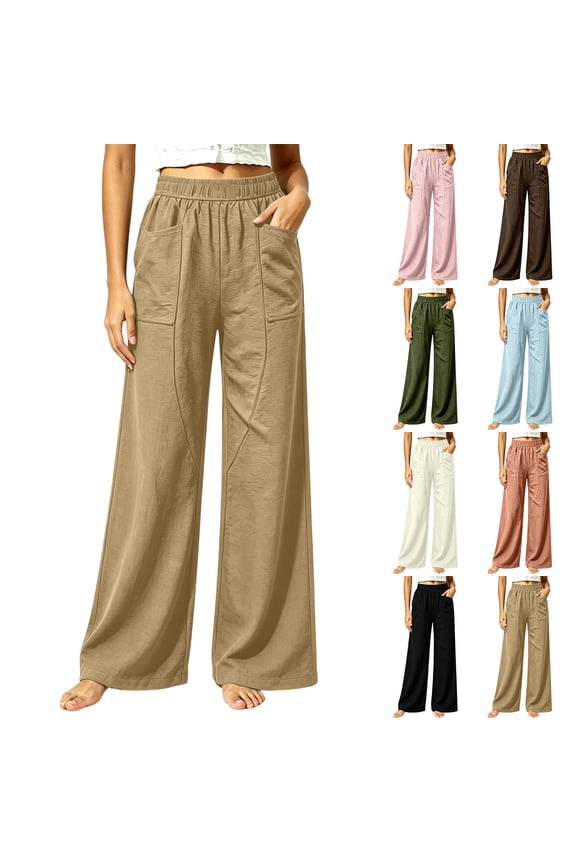 Ladies Elastic Waist Curved Seam Patch Pocket Crinkle Wide Leg Pants Lightweight Everyday Casual Long Trouser Khaki M