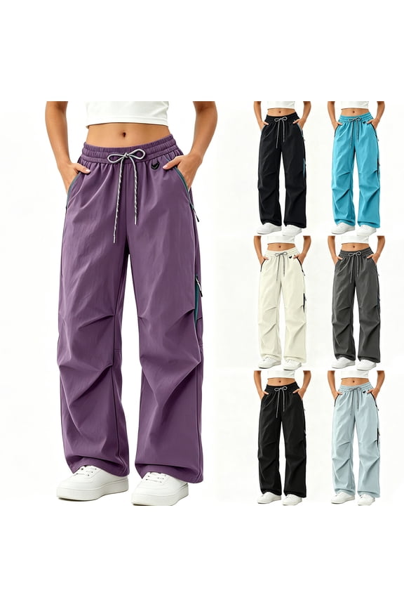 Women's Drawstring Waist Zip Pocket Ruched Parachute Wide Leg Pants Lightweight Outdoor Casual Windbreaker Trouser Light Blue S