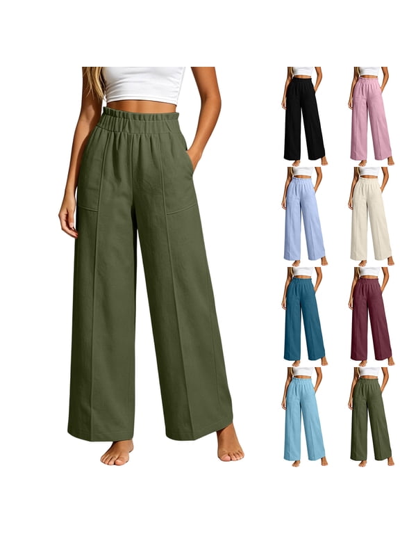 Women's Elastic High Waist Front Seam Patch Pocket Linen Wide Leg Pants Loose Fit Casual Full Length Trousers Pink S