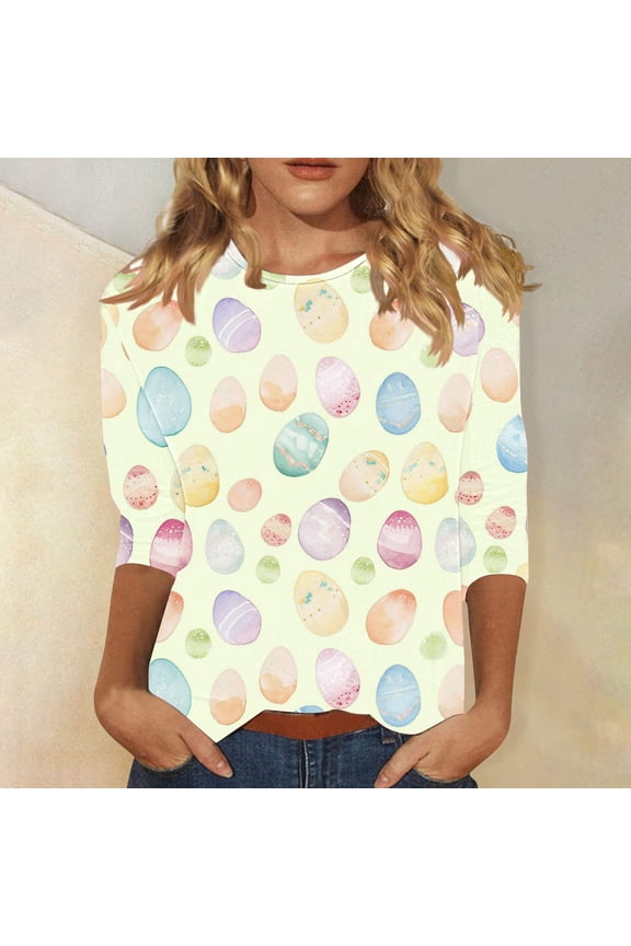 3/4 Sleeve Easter Day Blouses for Women Plus Size Cute Egg Print Tshirts Fashion Casual Round Neck Festive Tops
