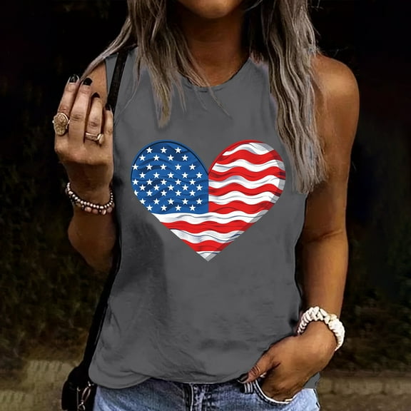 Inverlee 4th of July Tank Tops for Women Funny American Flag Print Patriotic Tshirts Elegant Sleeveless Tees Lightweight Crew Neck Blouses Tops Work Blouses for Women