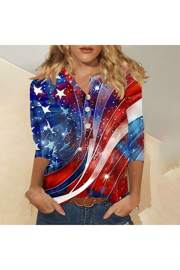 4th of July Shirts for Women Funny Patriotic Red White and Blue Graphic Tshirts Elegant 3/4 Sleeve Tees Breathable V Neck Blouses Tops
