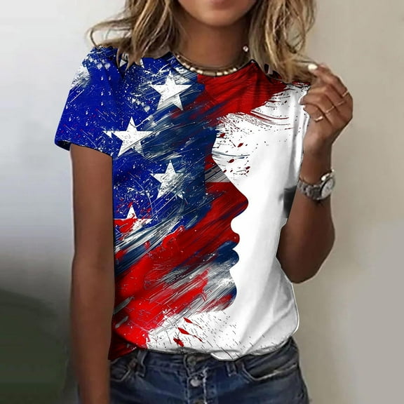 Inverlee 4th of July Shirts for Women Plus Size Memorial Day Gifts Tshirts Cute Short Sleeve Tees Classic Crew Neck Blouses Tops