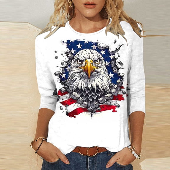 Inverlee 4th of July Shirts for Women Plus Size Memorial Day Gifts Tshirts Tunic 3/4 Sleeve Tees Trendy Crewneck Blouses Tops