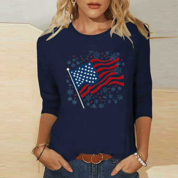 Inverlee 4th of July Shirts for Women Plus Size Patriotic Stars and Stripes Graphic Tshirts Cute 3/4 Sleeve Tees Breathable Crew Neck Blouses Tops