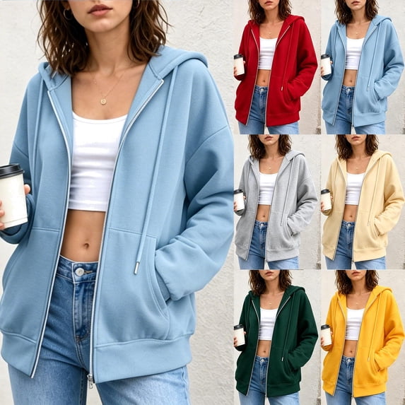 Inverlee Basic Full Zip Oversized Hooded Jackets Drawstring Hood Side Pockets Solid Plain Soft Casual Zip Up Sweatshirt OuterwearYellow(S-XXL)