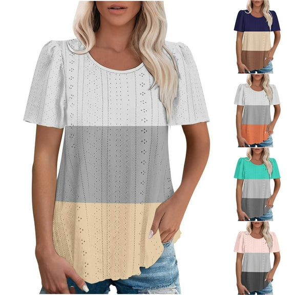 Inverlee Blouses Women Boho Puff Short Sleeve Tops Eyelet Hollow Out Casual Loose Fit Solid Color Shirts Soft Elegant Tunic Top Summer Fashion