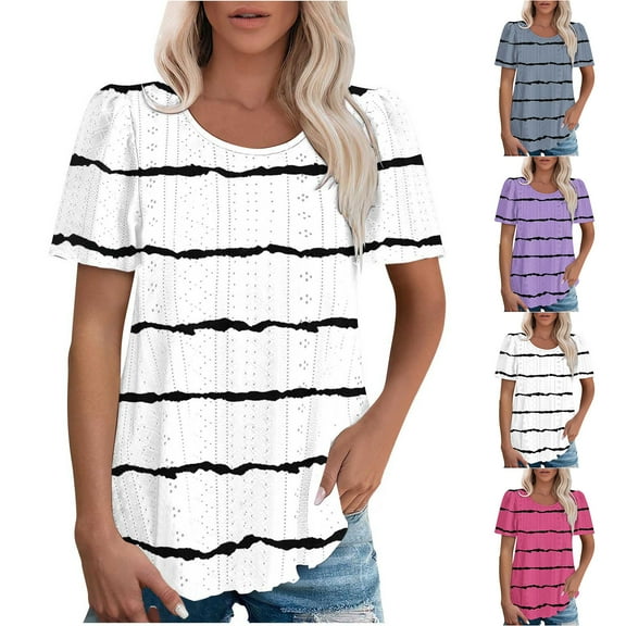 Inverlee Blouses for Women Boho Puff Short Sleeve Tops Eyelet Hollow Out Trendy Loose Fit Striped Print Shirts Breathable Vacation Tunic Top
