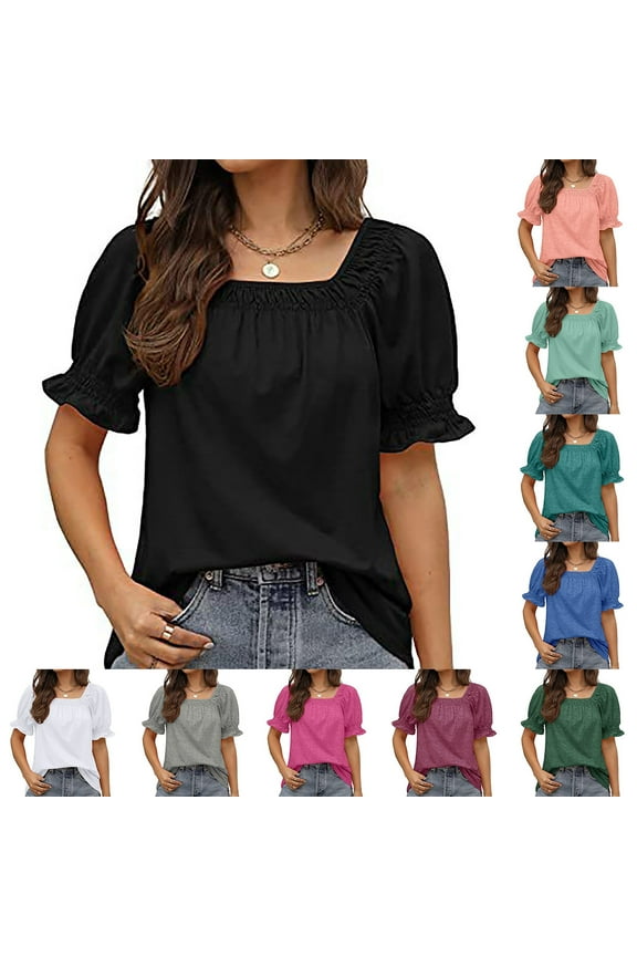 Blouses Women Boho Ruffle Short Sleeve Tops Trendy Loose Fit Solid Color Shirts Classic Elegant Tunic Top
