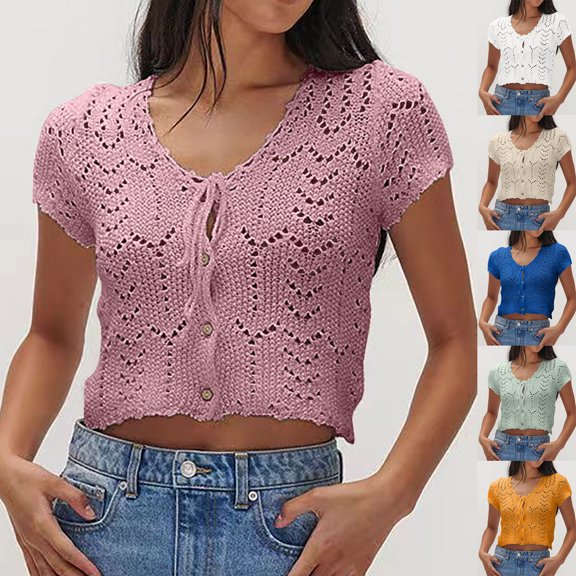 Inverlee Blouses Women Boho Short Sleeve Tops Summer Loose Fit Solid Color Shirts Breathable Vacation Tunic Top Summer Fashion