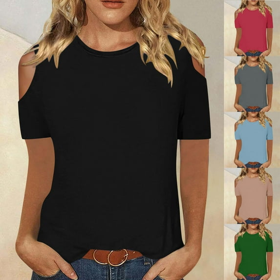 Inverlee Blouses Women Dressy Casual Cold Shoulder Short Sleeve Tops Cute Loose Fit Solid Color Shirts Flowy Vacation Tunic Top