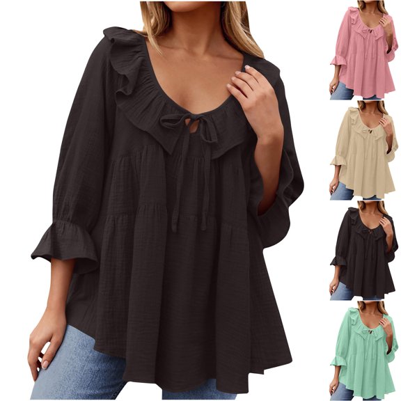 Inverlee Blouses Women Dressy Casual Ruffle 3/4 Sleeve Tops Cute Loose Fit Solid Color Shirts Lightweight Holiday Tunic Top Summer Fashion
