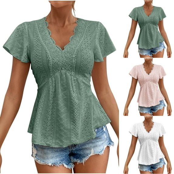 Inverlee Blouses for Women Dressy Casual Ruffle Short Sleeve Tops Eyelet Hollow Out Casual Loose Fit Solid Color Shirts Lightweight Elegant Tunic Top Summer Fashion