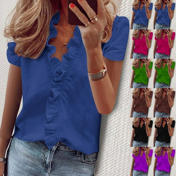 Inverlee Blouses Women Plus Size Short Sleeve Tops Trendy Loose Fit Solid Color Shirts Classic Work Tunic Top