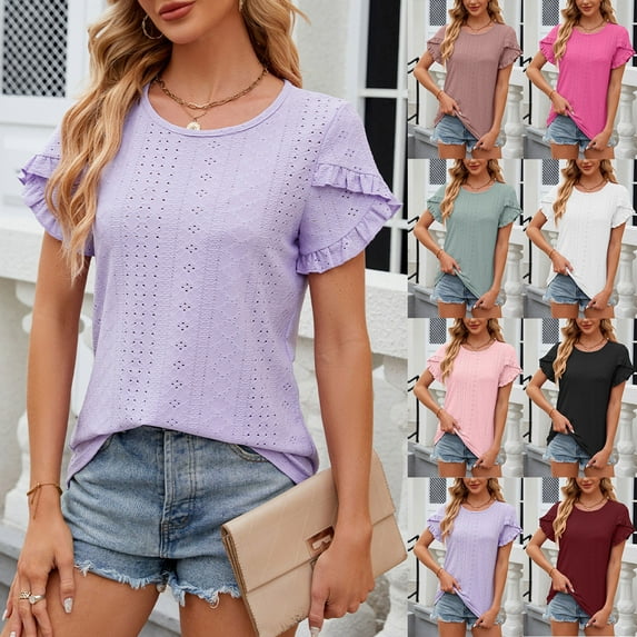 Inverlee Blouses for Women Boho Petal Short Sleeve Tops Eyelet Hollow Out Cute Loose Fit Solid Color Shirts Classic Elegant Tunic Top Summer Fashion