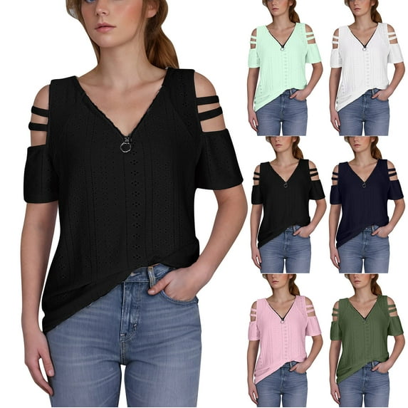 Inverlee Blouses for Women Boho Short Sleeve Tops Eyelet Hollow Out Trendy Loose Fit Solid Color Shirts Comfy Work Tunic Top Summer Fashion