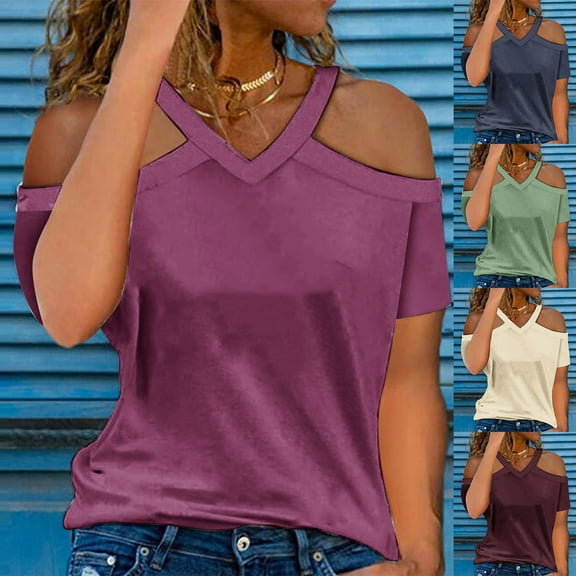Inverlee Blouses for Women Dressy Casual Cold Shoulder Short Sleeve Tops Cute Loose Fit Solid Color Shirts Comfy Vacation Tunic Top