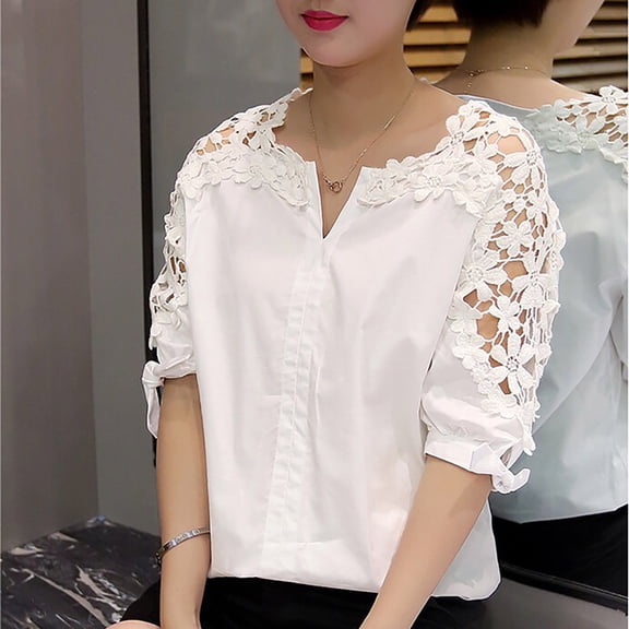Inverlee Blouses for Women Plus Size Short Sleeve Tops Lace Cute Loose Fit Solid Color Shirts Flowy Holiday Tunic Top