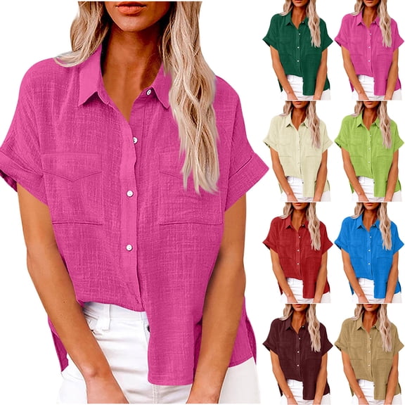 Inverlee Button Down Linen Shirts for Women Summer Short Sleeve Tops Cute Boho Solid Color T Shirts Breathable Work Tunic Blouse