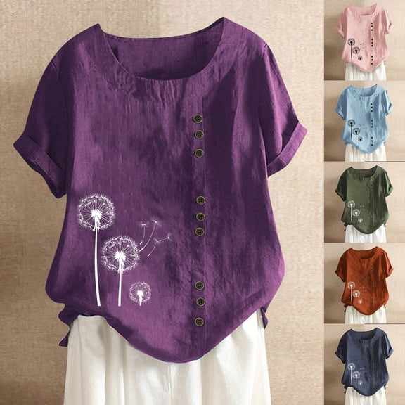 Inverlee Button Up Shirts for Women Casual Short Sleeve Tops Dressy Casual Loose Fit Dandelions Print T Shirts Classic Elegant Tunic Blouse Summer Fashion