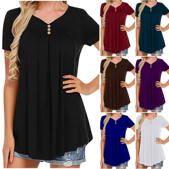 Inverlee Button Up Shirts for Women Casual Short Sleeve Tops Dressy Casual Loose Fit Solid Color T Shirts Flowy Holiday Tunic Blouse Summer Fashion