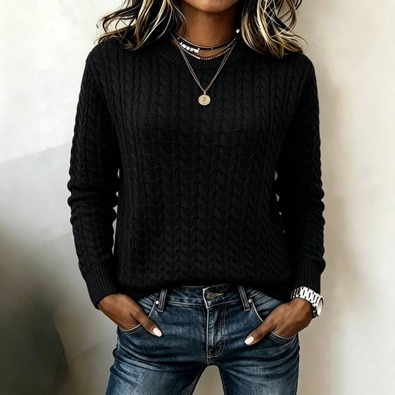 Inverlee Cable Knit Round Neck Sweaters for Women Textured Long Sleeve ...