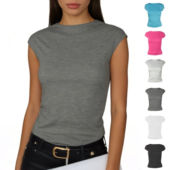 Inverlee Cap Short Sleeve Backless Shirts for Women Casual Solid Slim Fit Round Neck Tops Summer Trendy Base Layer Blouse