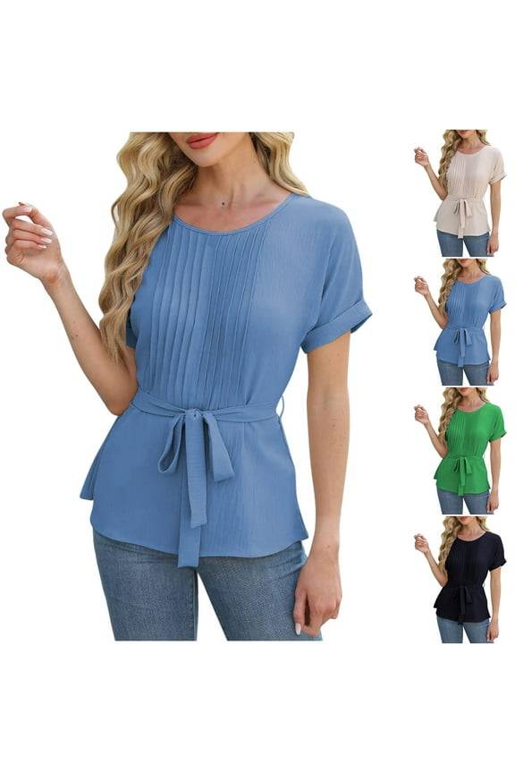 Chiffon Blouses Women Dressy Casual Ruffle Short Sleeve Tops Cute Loose Fit Solid Color Shirts Breathable Elegant Tunic Top