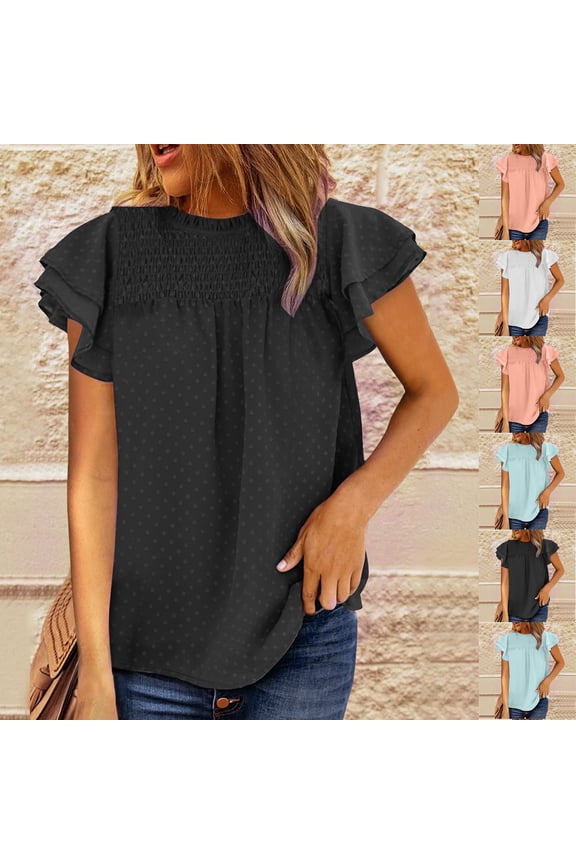 Chiffon Blouses Women Dressy Casual Ruffle Short Sleeve Tops Summer Loose Fit Solid Color Shirts Flowy Holiday Tunic Top Summer Fashion