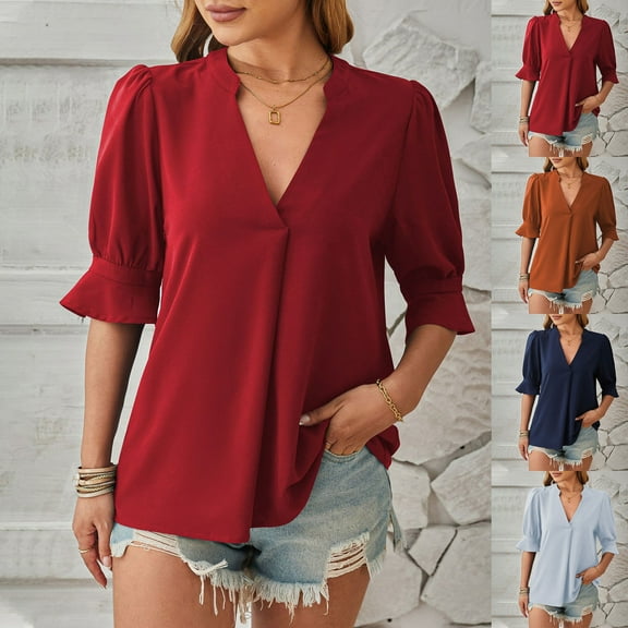 Inverlee Chiffon Blouses for Women V Neck Dressy Casual Short Sleeve Tops Loose Fit Solid Color Shirts Soft Work Tunic Blouse Tee Summer Fashion