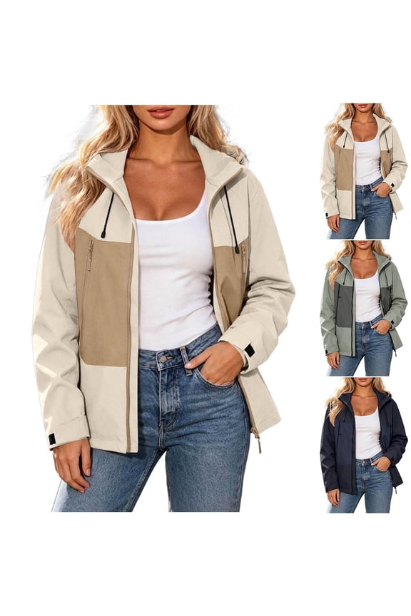 Color Block Hooded Zip Up Outdoor Windbreaker Jackets Drawstring Cuff Multi Pocket Outerwear Mountain Camping Loose Fit Casual Coats Khaki M