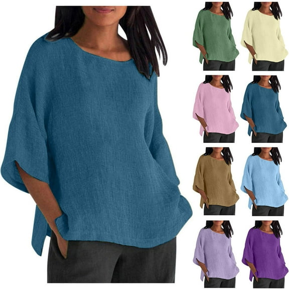 Inverlee Cotton Linen Basic Tunics for Women Fashion Plus Size Solid Color Short Sleeve Round Neck Blouses Summer Lightweight Split Hem Shirts