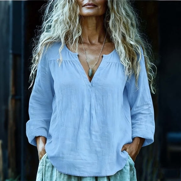 Inverlee Cotton Linen Button Down Shirts for Women Summer Versatile Long Sleeve Boho Tops Trendy Casual Solid Color V Neck Vacation Blouse