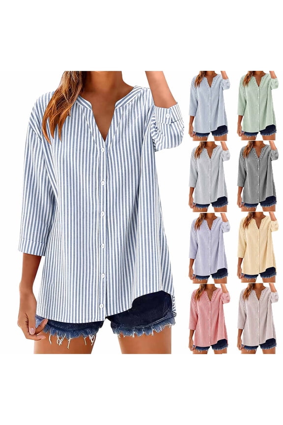 Cotton Linen Button Down Shirts for Women Trendy Striped 3/4 Sleeve Lightweight Blouse Casual Versatile Breathable V Neck Tops