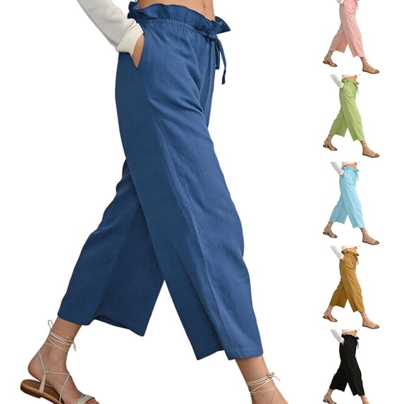 Inverlee Cotton Linen Harem Palazzo Pants for Women Ruffle Elastic High Waist Drawstring Bottoms Spring Casual Wide Leg Cropped Pants