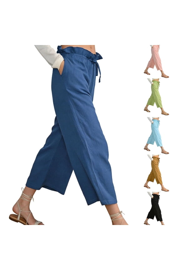 Cotton Linen Harem Palazzo Pants for Women Ruffle Elastic High Waist Drawstring Bottoms Spring Casual Wide Leg Cropped Pants
