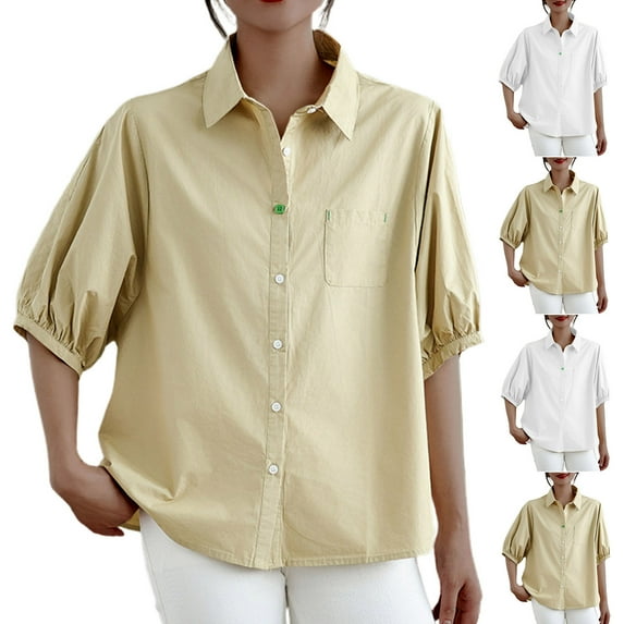Inverlee Cotton Linen Plus Size Tops for Women Collared Button Down Puffed Short Sleeve Shirts Trendy Solid Color Loose Fit V Neck Blouse for Vacation