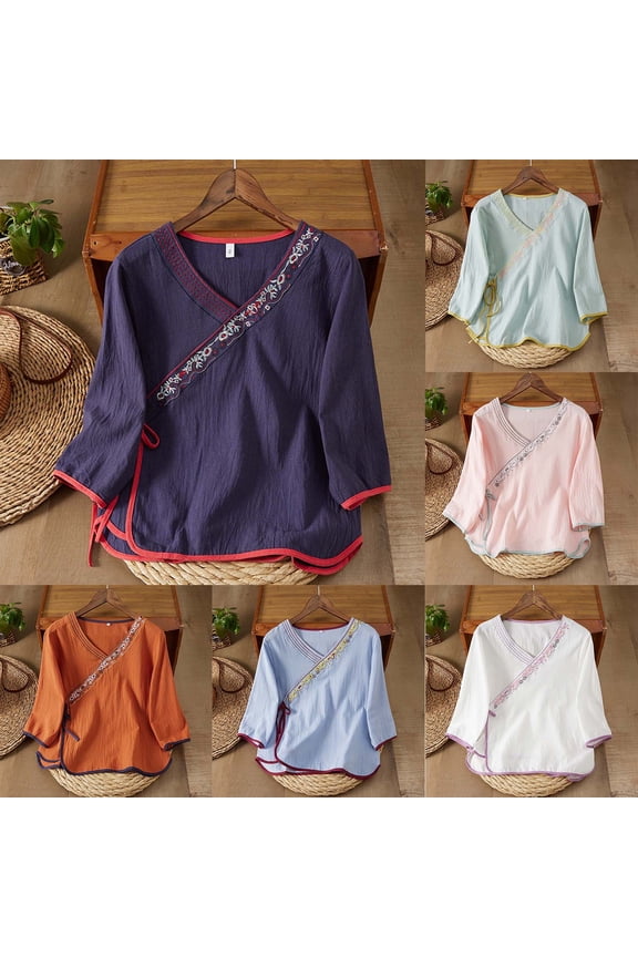 Cotton Linen Plus Size Tops for Women Chinese Style Oblique Placket 3/4 Sleeve Ethnic Trim Shirts Casual Loose Fit Lightweight Tunic Tees